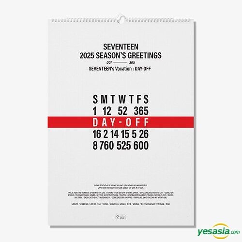 YESASIA SEVENTEEN 2025 WALL CALENDAR GROUPS,MALE STARS,Celebrity