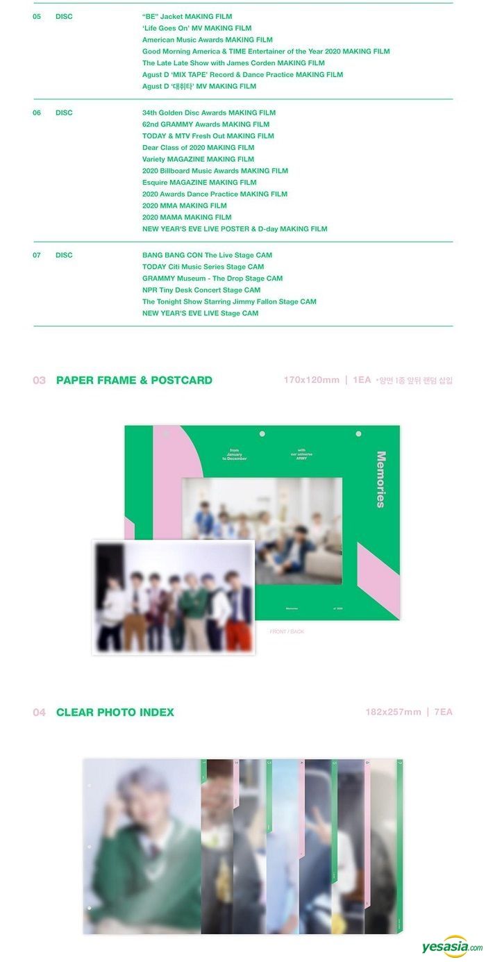 YESASIA: BTS Memories of 2020 (7DVD) (Ring Binder Cover + Photobook + Paper  Frame / Postcard + Clear Photo Index + Stamp Collection + Photo Pocket +  2020 Today's BTS Book +