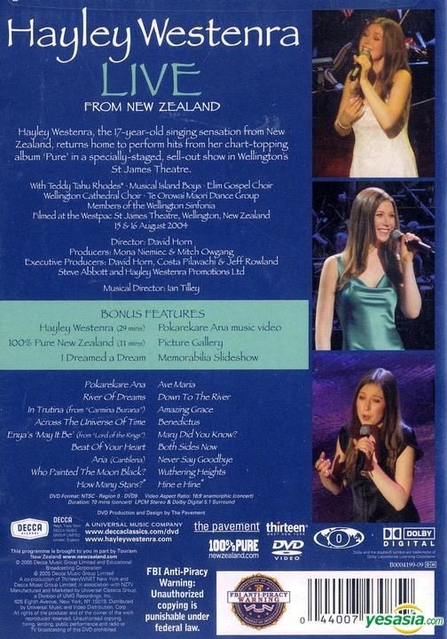 YESASIA: Hayley Westenra - Live from New Zealand (US Version) DVD - Hayley  Westenra - 欧米 / その他の映画 - 無料配送 - 北米サイト