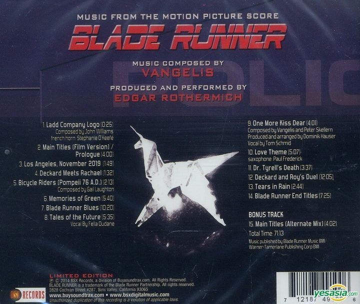 YESASIA: Blade Runner Music Fromt The Motion Picture Score (OST