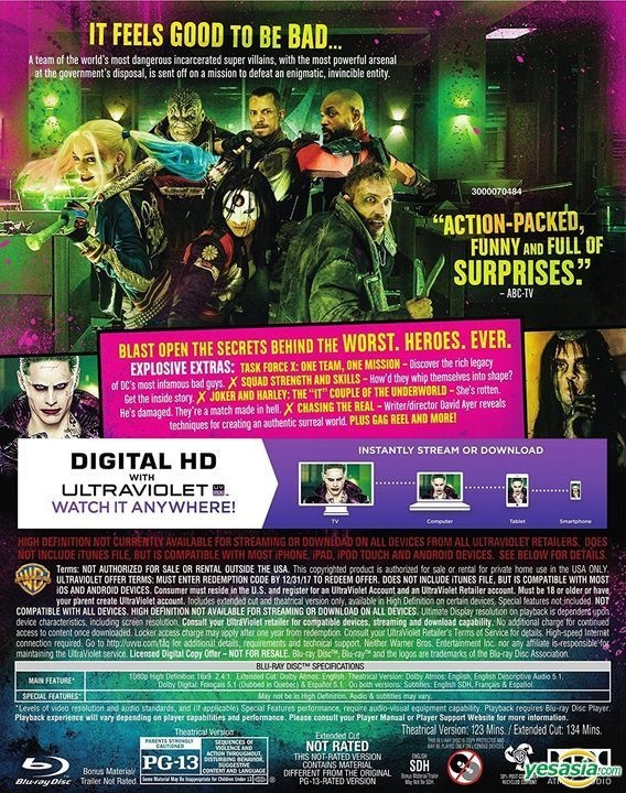 YESASIA: Suicide Squad (2016) (Blu-ray + DVD + Digital HD) (US Version ...